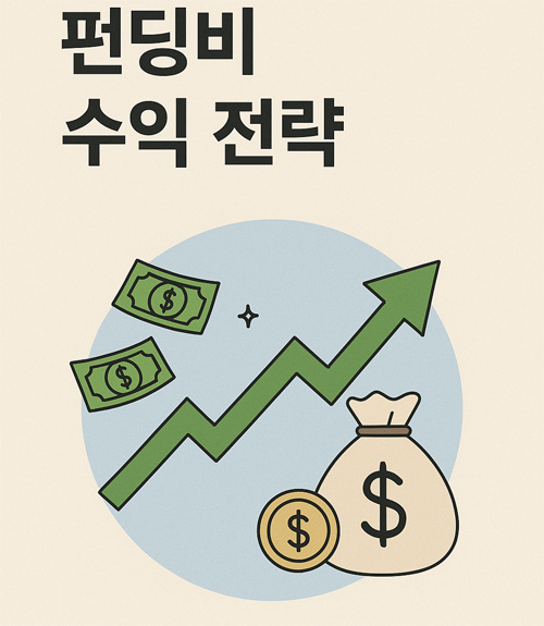 "펀딩비 수익 전략이라는 텍스트 아래에 상승 화살표, 지폐, 동전, 돈자루가 포함된 수익 개념 일러스트"
