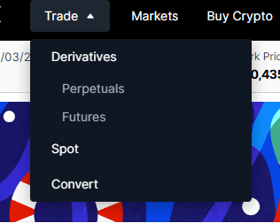 비트멕스 웹사이트의 ‘Trade’ 드롭다운 메뉴에는 Derivatives, Spot, Convert 항목이 포함되어 있으며 일부 옵션은 비활성화되어 있음