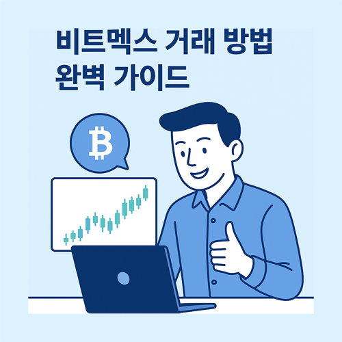 비트멕스 거래 방법을 설명하는 깔끔한 가이드 이미지, 트레이딩을 쉽게 하는 남성 캐릭터가 등장