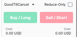 비트멕스 거래 화면의 Buy / Long 및 Sell / Short 버튼으로, 각각 롱 포지션과 숏 포지션 진입을 의미하며 예상 비용(Cost)이 함께 표시됨.