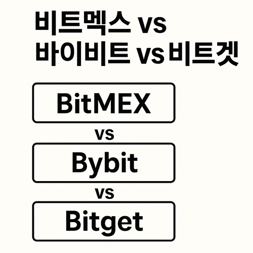 비트멕스 vs 바이비트 vs 비트겟 세 거래소를 비교하는 깔끔한 흑백 일러스트 이미지