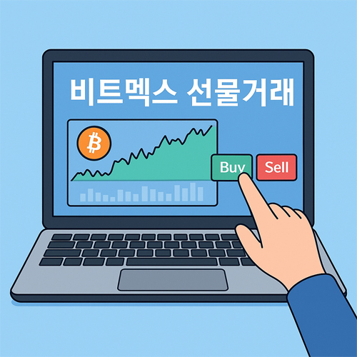 비트멕스 선물거래를 컴퓨터로 진행하는 깔끔한 일러스트 이미지