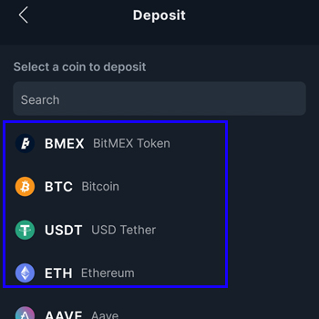 BitMEX 모바일 앱에서 입금할 코인(BTC, USDT, ETH 등)을 선택하는 화면