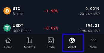 BitMEX 앱 하단 메뉴에서 'Wallet' 아이콘을 선택하여 지갑 화면으로 진입하는 모습