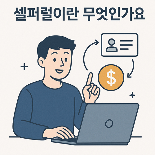 셀퍼럴 개념을 설명하는 일러스트, 노트북을 사용하는 남성과 추천-수익 흐름 아이콘