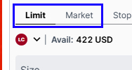 BitMEX 주문창 상단의 주문 방식 선택 탭. 사용자는 지정가(Limit) 또는 시장가(Market) 주문 중 선택 가능.