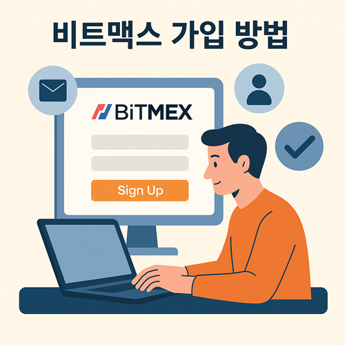 비트멕스 가입 화면을 보는 남성 사용자 일러스트 – 데스크탑 모니터에 BitMEX 로고와 회원가입(Sign Up) 폼이 표시되고, 이메일·사용자·체크 아이콘이 함께 배치된 장면
