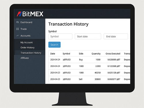 비트멕스 거래내역 조회, BitMEX 거래 기록 확인 화면, 암호화폐 거래소 주문내역 조회