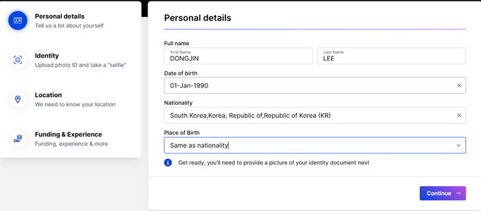 비트멕스 가입 정보 입력 화면 - 이름, 생년월일, 국적, 출생지 입력