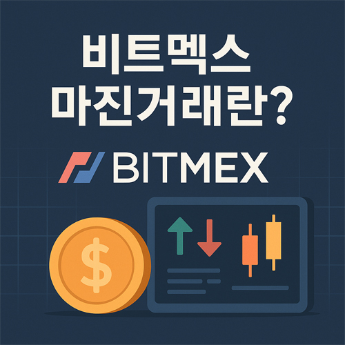 비트멕스 마진거래를 설명하는 교육용 그래픽, BitMEX 로고와 차트, 코인 아이콘 포함
