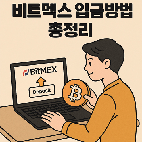 비트멕스(BitMEX)에 비트코인을 입금하려는 투자자의 모습을 담은 만화 스타일 일러스트