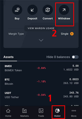 비트멕스 출금방법 - 모바일 앱에서 Wallet 메뉴 선택 후 Withdraw 클릭