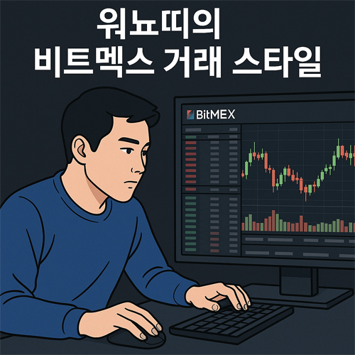 비트멕스 로고와 거래 차트가 보이는 모니터 앞에서 집중하며 거래하는 아시아 남성, 상단에 '워뇨띠의 비트멕스 거래 스타일' 문구가 있는 이미지