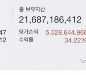 총 보유자산 21,687,186,412원, 평가손익 5,528,644,966원, 수익률 34.22%가 표시된 금융 자산 화면