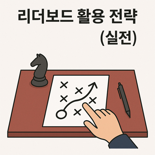 더보드 활용 전략(실전)이라는 제목과 함께 전략도, 체스 나이트 말, 손가락, 펜이 있는 책상 일러스트