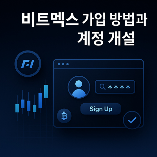 비트멕스 가입 방법과 계정 개설 절차를 표현한 세련된 디지털 그래픽, 블루톤 배경에 회원가입 아이콘과 보안 인증, 비트코인 차트가 포함된 전문 인포그래픽 스타일