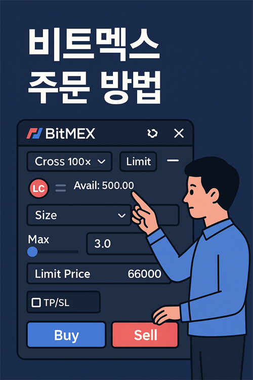 비트멕스 주문창에서 주문 설정을 하는 모습의 일러스트, 파란색 Buy 버튼과 빨간색 Sell 버튼 포함