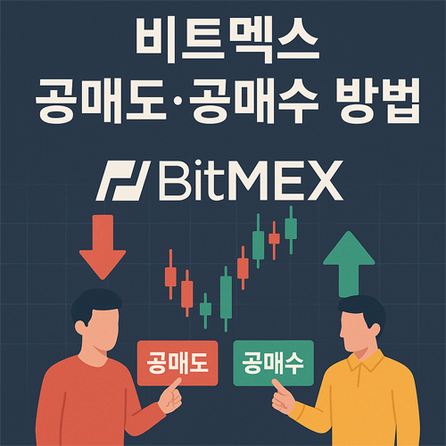 비트멕스에서 공매도와 공매수 방법을 설명하는 인포그래픽, 트레이더와 차트, 상승·하락 화살표 포함