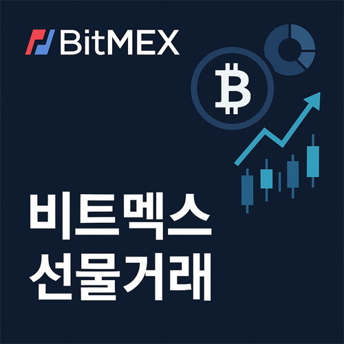 비트멕스 선물거래 전문 이미지를 표현한 세련된 디지털 그래픽, 블랙과 블루톤 배경에 거래 차트와 코인 아이콘이 조화된 고급스러운 디자인