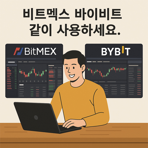 비트멕스와 바이비트를 동시에 사용하는 투자자 일러스트, 노트북 앞에 앉은 남성이 두 거래소 차트를 모니터로 확인하는 모습