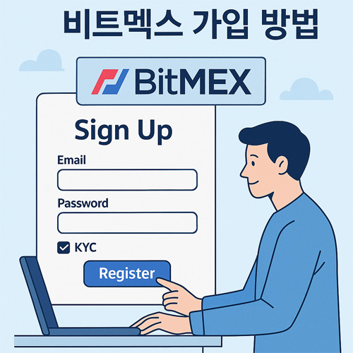 비트멕스 가입 방법을 설명하는 일러스트, 사용자가 회원가입 화면에서 등록 버튼을 누르는 모습"