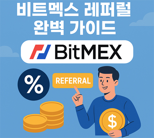 비트멕스 레퍼럴 완벽 가이드를 소개하는 홍보 배너, 수수료 할인과 레퍼럴 혜택 강조 일러스트