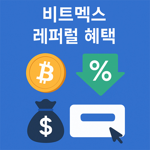 비트멕스 레퍼럴 혜택 홍보 이미지, 수수료 할인과 비용 절감을 상징하는 아이콘 포함