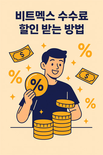 비트멕스 수수료 할인 받는 방법을 표현한 인포그래픽, 할인과 코인을 상징하는 캐릭터와 퍼센트 기호, 지폐, 동전 포함