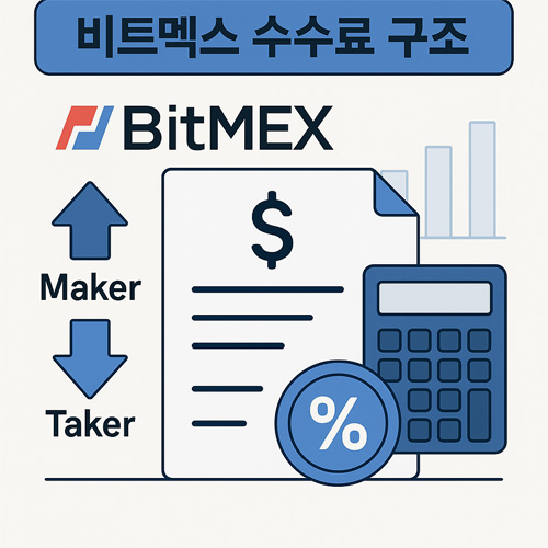 비트멕스 수수료 구조를 나타내는 인포그래픽, 메이커와 테이커 수수료를 상징하는 아이콘과 계산기, 퍼센트 기호 포함