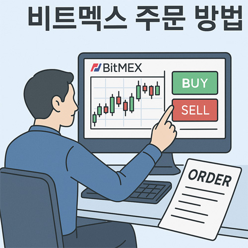 비트멕스 주문 방법을 설명하는 일러스트, 사용자가 컴퓨터 화면에서 매수와 매도 버튼을 클릭하는 모습