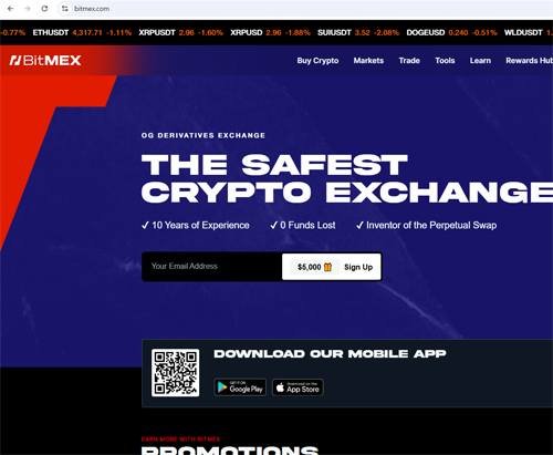 BitMEX 공식 홈페이지 – 가장 안전한 암호화폐 파생상품 거래소 소개 화면