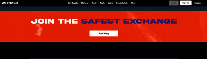 BitMEX 거래소 메인 페이지 배너, 빨간 배경에 'JOIN THE SAFEST EXCHANGE' 문구와 가입 버튼 표시