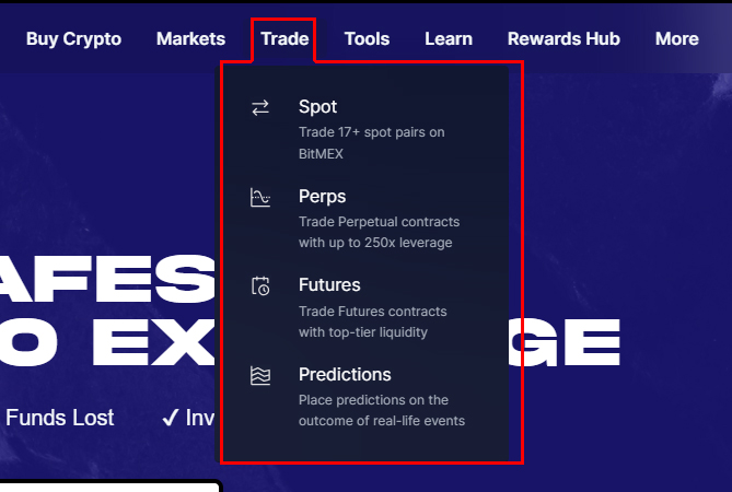 비트멕스 거래소 Trade 메뉴 – Spot, Perps, Futures, Predictions 거래 종류 선택 화면