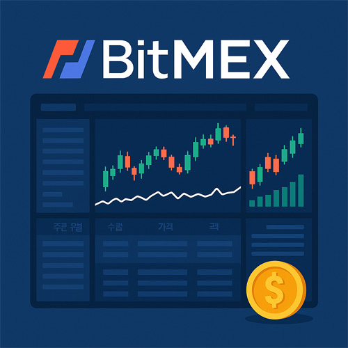 비트멕스 거래소 인터페이스를 표현한 그래픽으로, 파란색 배경 위에 차트와 BitMEX 로고가 표시된 이미지