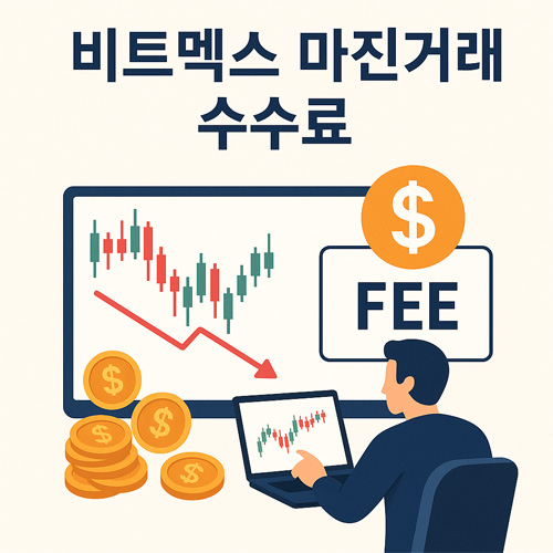 비트멕스 마진거래 수수료를 나타내는 일러스트, 차트와 동전, FEE 아이콘이 함께 표현된 화면