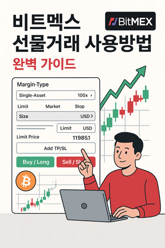 비트멕스 선물거래 사용방법을 설명하는 일러스트 – 거래창, 마진 타입, 레버리지 설정, 롱/숏 버튼을 가리키는 남성 트레이더
