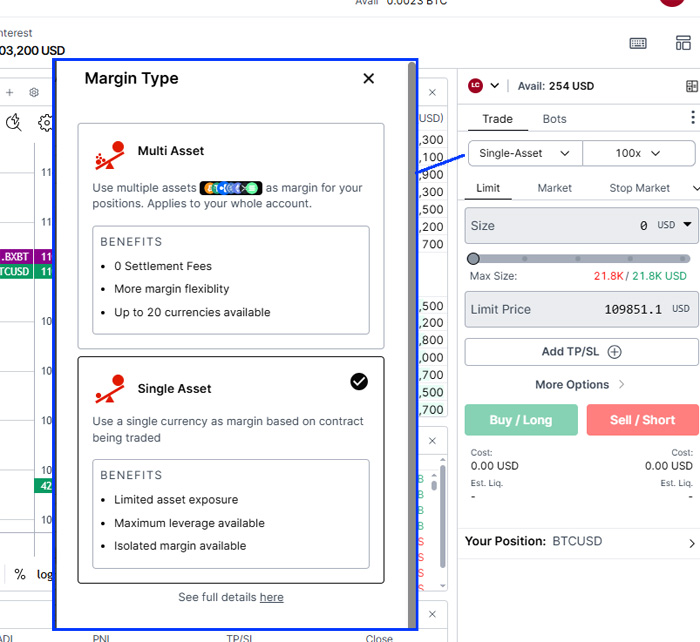 비트멕스 거래창의 마진 타입 설정 화면 – Single Asset과 Multi Asset 선택 창