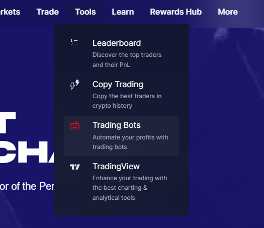 비트멕스 웹사이트 상단 메뉴의 Tools 항목에서 Trading Bots 메뉴가 선택된 화면