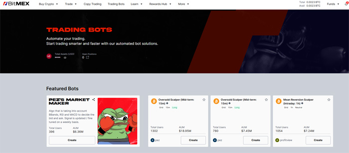 비트멕스 트레이딩 봇 메인 페이지 화면, 자동매매 봇 목록과 PEZ’S MARKET MAKER, Scalper 봇 등이 표시된 인터페이스