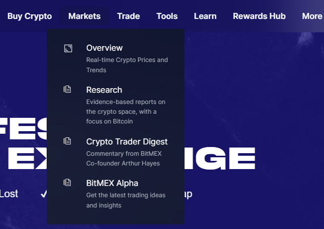 비트멕스 마켓 메뉴 – Overview, Research, Crypto Trader Digest, BitMEX Alpha