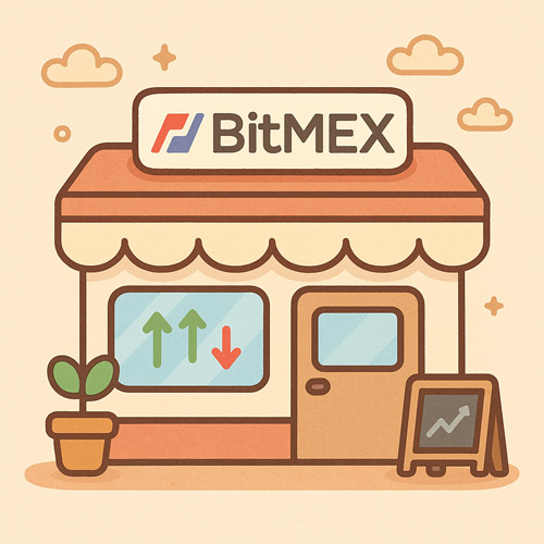 귀엽게 표현된 비트멕스 거래소 건물 일러스트, 창문에는 상승·하락 화살표가 표시되고 앞에는 화분과 간판이 놓여 있음