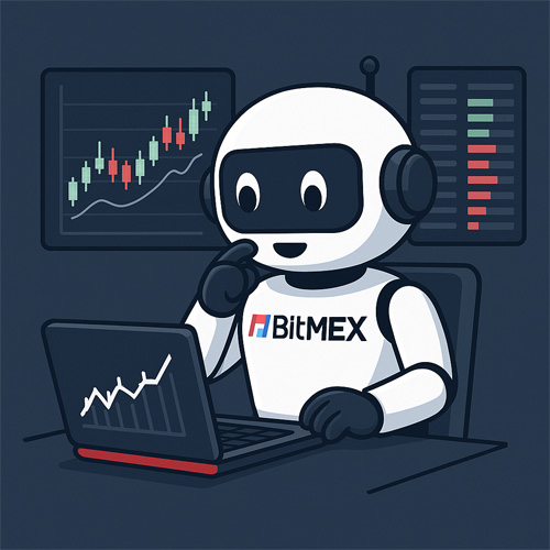 비트멕스 색감의 친근한 트레이딩 로봇이 노트북과 차트 화면을 보며 자동매매를 실행하는 장면