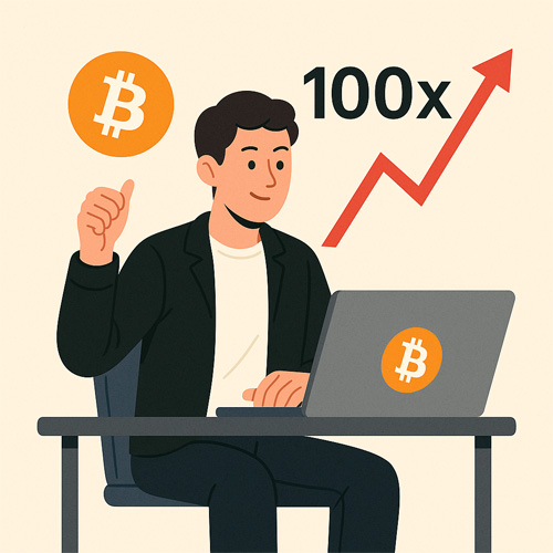 노트북 앞에서 비트멕스 100배 거래를 하는 투자자를 묘사한 일러스트, 비트코인 로고와 상승 그래프, 100x 표시가 함께 표현됨