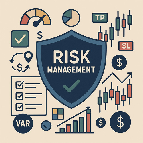 리스크 관리 개념을 시각적으로 표현한 일러스트 – 중앙의 방패와 다양한 금융 그래프, 체크리스트, TP/SL 아이콘이 포함된 구성