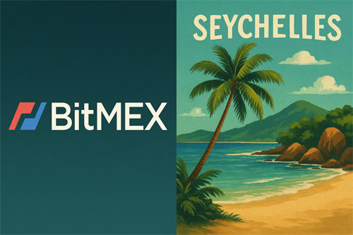 BitMEX 로고와 세이셸 열대 해변 풍경이 좌우로 나뉘어 표현된 일러스트 이미지