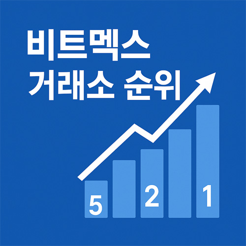비트멕스 거래소 순위를 나타내는 파란색 배경의 상승 차트 그래픽