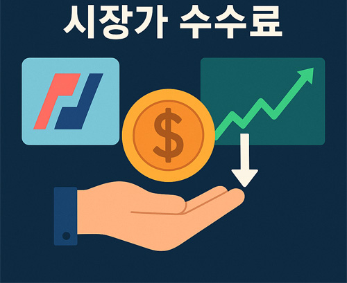 비트멕스 시장가 수수료를 주제로 손바닥 위에 달러 코인이 놓여 있고 양옆에 비트멕스 로고와 상승 차트가 있는 일러스트